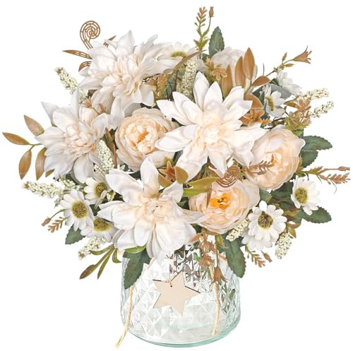 DEMIUKO 2 Bündel Dahlien Künstliche Blumen Champagner Pfingstrosen Seiden Blumensträuße Kunstblumen Fake Blumen Vase Deko für Hochzeit Partei Tischaufsätze Blumenarrangement Innen Außen Dekoblumen