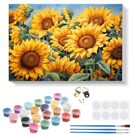 RICUVED Tournesol Peinture par Numéros DIY Kit 20x30cm pour Adultes Enfants avec Cadre en Bois–Fleur DIY Peinture à l'huile par Numéros sur Toile Artisanat avec Pinceaux Peintures Acryliques