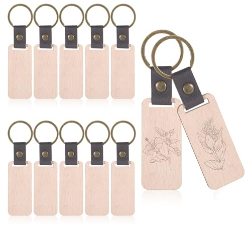 SHENLIU 12 Stück Schlüsselanhänger Holz, Blanko Schlüsselanhänger Leder Holz Schlüsselringe Für DIY Malerei Basteln Dekoration Geschenke Schlüsselbund