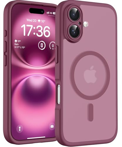 TOCOL Funda para iPhone 16 Plus, Protección Lente Cámara, Anillo Magnético Integrado, Compatible con Magsafe, Protección contra Caídas, Translúcida Mate Trasera, Ciruela