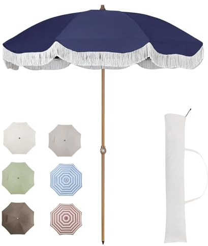 Sonnenschirm Mit Fransen,Sonnenschirm Fransen 2,13 M Großer Terrassenschirm Mit Tragetasche, Strandschirm Fransen | Vintage-Quastenschirm Erstklassiger(Blue)
