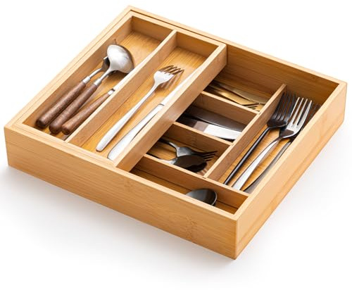 Fiwochic Double Bamboo Kitchen Drawer Organizer, Removable, Deep | 2-tier, Utensil Holder and Cutlery Tray Storage for Chopsticks, Spoons, Forks, Various Tableware and Cookware