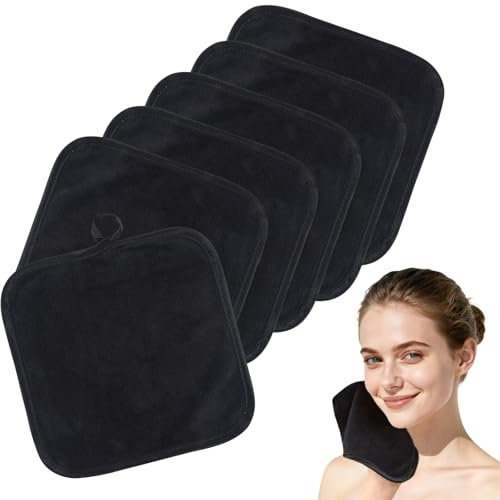 SINLAND Microfiber Face Cloths Makeup Remover Washcloths Black 8x8In 6 Pack | Reusable , Super Soft and Absorbent, Fingertip Facial Towels, For Sensitive Skin Women