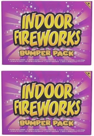 B4E Pack of 2 Indoor Fireworks Bumper Packs, 4th Generation Party Set with Black Mamba Snakes, Banging Bogies, Sparklers, Ice Fountains