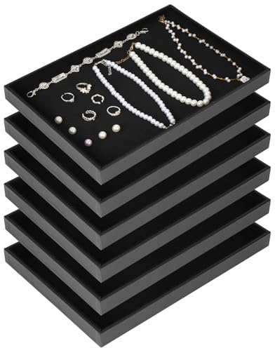 Rainmae 6 Pcs Velvet Stackable Jewelry Tray Showcase Display, Jewelry Organizer Trays for Drawers and Countertop, Black Empty Plates for Necklace, Ring, Bracelet, and Earring Storage Display