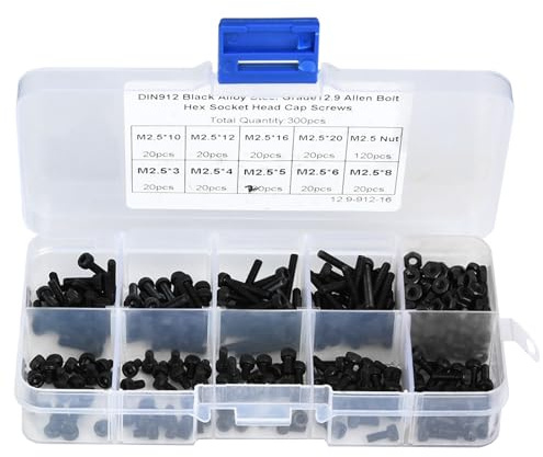 300 Pezzi Viti a Testa Esagonale, M2 x 3-20 mm Kit Bulloni e Dadi, Nero Bullone Esagono Incassato in Acciaio Legato per la Riparazione di Macchinari e L'uso Domestico