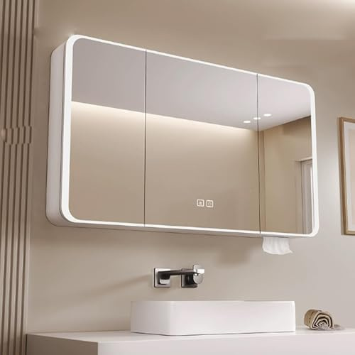 Mbbpftse Aluminum Spiegelschrank Bad mit LED Lighting, 3 Adjustable Light Colors, Badezimmer Spiegelschrank mit Defogging Function, Badspiegelschrank Touch Sensor Switch (Weiß, 100cm/39.4in)