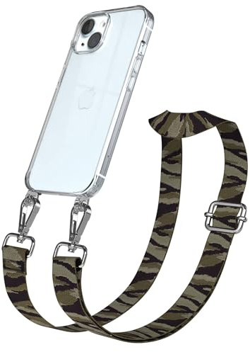 EAZY CASE Handykette - Verstellbares Taschenband kompatibel mit iPhone 15, Schulterriemen, Handykordel mit Silikon Hülle, Umhängetasche, Grün Camouflage Silber