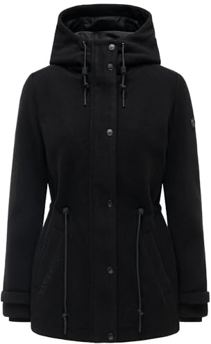 Navahoo Damen Übergangsmantel warmer Kurzmantel in Wollmantel-Optik mit Taillenzugkordeln und Kapuze Lächelstern 14 XS-3XL