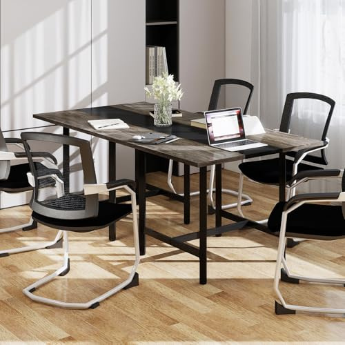 COSTWAY Konferenztisch, quadratischer Besprechungstisch mit Metallrahmen, Seminartisch zusammensetzbar für 4 Personen, Büro, Vorstandszimmer, Esszimmer (200 x 100 x 75 cm,Grau + Schwarz)