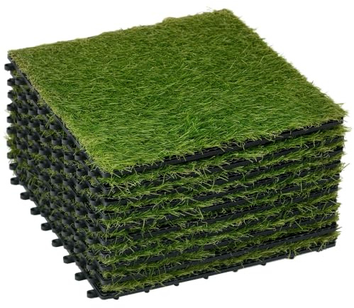 Outsunny 10-Piece Artificial Grass Set, Weatherproof Turf Tiles, 25mm Pile Height, Outdoor Carpet for Garden, Balcony & Patio, 30 x 30cm, Dark Green