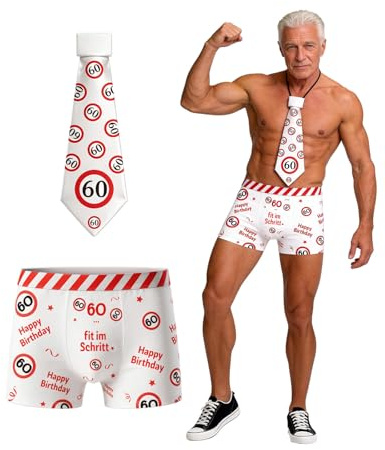 WenmthG Geburtstag Geschenke für Männer - Boxershorts und Krawatte rot-weißes Design mit Verkehrsschildern und Lustige Sprüche - Witzige Geschenke für Mann