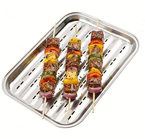 GEEZY Stainless Steel BBQ Grill Tray, 34x24cm - Rectangular Metal Basket with Holes for Perfect Heat Distribution - BBQ Grill Pan for Meat & Vegetables, Outdoor Cooking Accessories & Gifts for Men