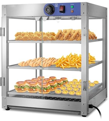 Commercial Stainless Steel Pie Cabinet Display Warmer, 3-Tier Countertop Display with LED Lighting, Removable Shelves, Adjustable Temperature, for Buffet Restaurant