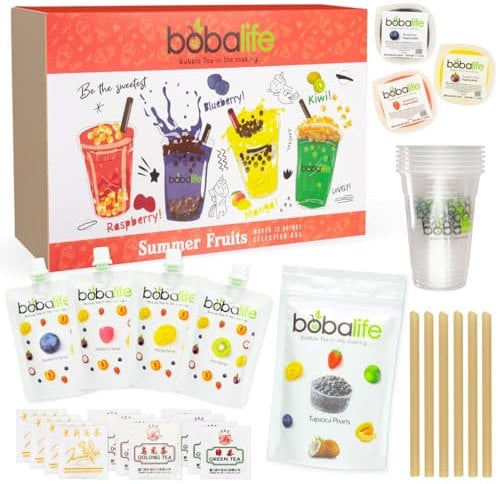 Bobalife Summerfruit Bubble Tea Kit - Make Your Own Boba Tea At Home | 12 Drinks | Popping Boba & Tapioca Pearls | Vegan Gluten Gift Set