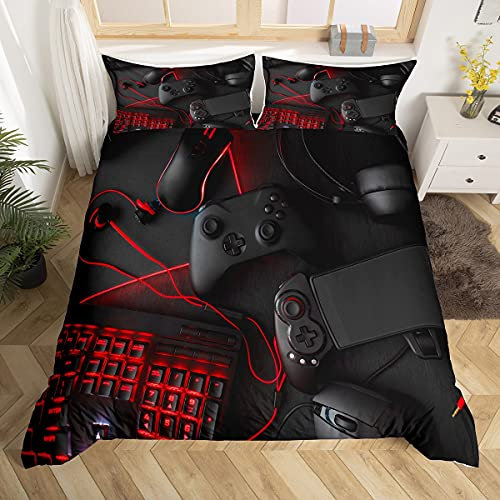 Loussiesd Schwarz Gamepad Bettwäsche 155x220cm Jungen Teenager Spiel Thema Bettbezug Set Modern Game Controller Bettwäsche Schwarz Rot Gamer Dekorativ Betten Set Polyester für Kinder Männer