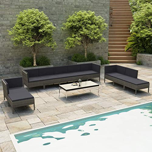 vidaXL Gartenmöbel 10-TLG. mit Auflagen Lounge Sofa Garten Garnitur Sitzgruppe Sitzgarnitur Gartenset Gartensofa Ecksofa Mittelsofa Poly Rattan Grau