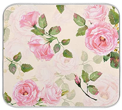 Absorbent Dish Drying Mat Vintage Pink Roses Dishes Drainer Protector Pad Trivet Mat Pot Holder with Hanging Loop for Kitchen Countertops Sinks Refrigerator 40 x 46 CM