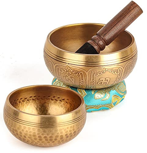 Relaehih Juego de 2 cuencos tibetanos 100% hechos a mano en Nepal, juego de meditación para yoga, curación de chakras, regalos de meditación, regalos únicos para mujeres (azul, 3.15 + 4 pulgadas)