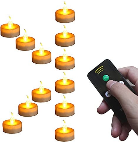 Wilrigir Remote Tealight Candles with 4H 6H 8H Timer,Amber LED Flameless Candles,Cr2450 Battery Powered Tealight,Best for Seasonal Decorations, Parties, Celebrations, Special Events,Pack of 12