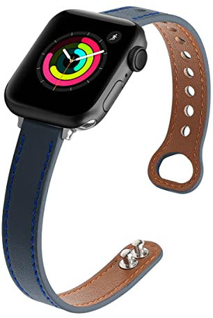 segoo Leather Band Compatible with Apple Watch Band 45mm 44mm 42mm, Top Grain Leather Band Slim Thin Wristband for iWatch Series 7 & Series 6/5/4/3/2/1/SE Sports Edition (45mm 44mm 42mm, Blue)