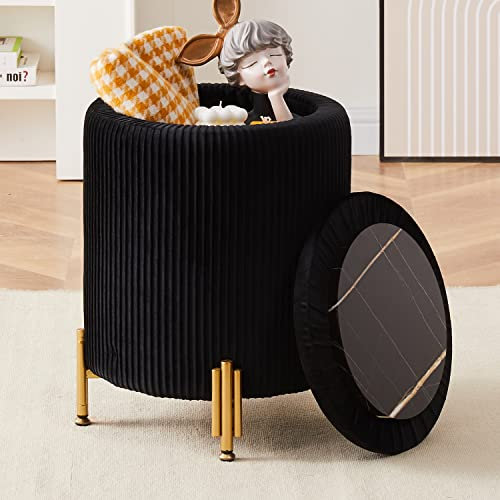 Mxfurhawa Round Ottoman Foot Stool with 23Qt Storage Velvet Footrest Stool Vanity Stool Chair Support 300lbs Modern Ottoman Coffee Table Padded Seat for Living Room Bedroom (Black)