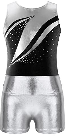 MSemis Turnanzug für Mädchen Ballett Trikot Metallic Tanz Body mit Kurze Hose Shorts Gymnastik Overall Leotards Tanzkostüm Wettbewerb Schwarz C 134-140