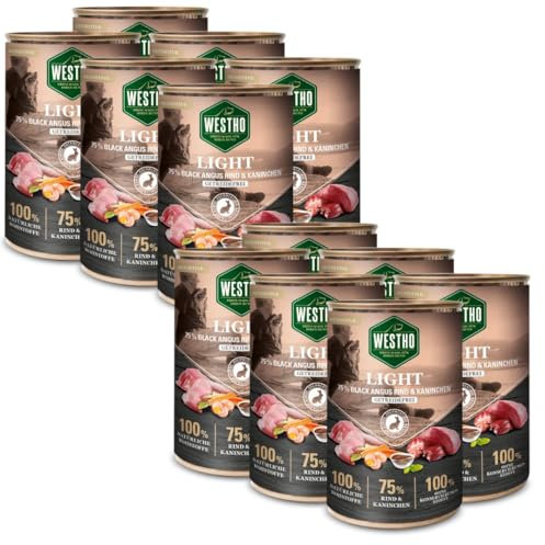 WESTHO Nassfutter Light (12 x 400g) | 75% Black Angus Rind & Kaninchen in Lebensmittelqualität | Getreidefrei | Für ältere und zu Übergewicht neigende Hunde