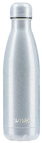 WINK Thermoflasche 500ml aus Edelstahl – Auslaufsicher und BPA-frei – Isolierflasche für heiße und kalte Getränke – Trinkflasche To Go mit Baumwolltasche – Stilvoll & Wiederverwendbar – Glitzer Silber