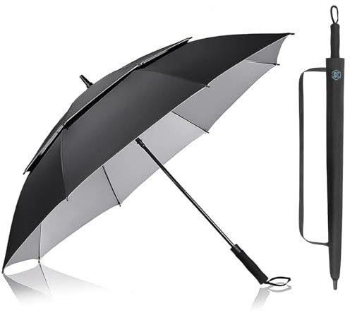 Kalolary 62 Zoll UPF 50+ UV Automatik Reise Golf Regenschirm, Extra große Automatische Regenschirm Golfschirme Foldable Doppelter für Damen und Herren(Schwarz)