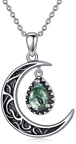 VONALA Halbmond-Halskette aus Sterlingsilber keltischer Mond-Anhänger Halskette Mond-Moos-Achat-Halskette keltischer Schmuck Geschenke für Frauen Mädchen Teenager Geburtstag