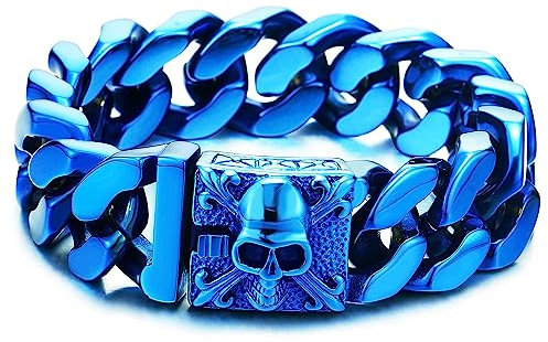 COOLSTEELANDBEYOND Herren Großes Blau Edelstahl Panzerkette Armband mit Fleur de Lis und Schädel, Biker Gotik, Poliert