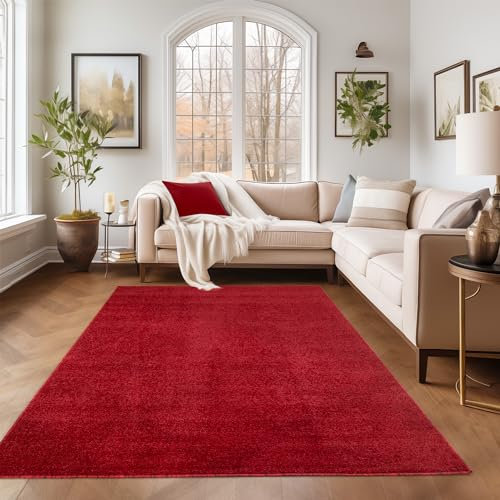 SIMPEX Kurzflor Teppich Wohnzimmer Schlafzimmer Läufer Flur Esszimmer Küchenteppich Einfarbig Modernes Design 11 mm Florhöhe Flauschig Kuschelweich, Rot, 280 x 370 cm