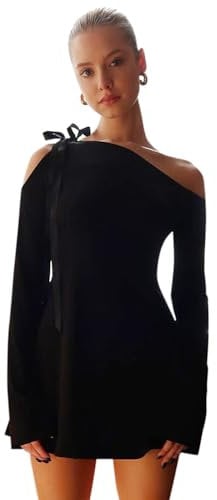 BKEPDY Womens Sexy Mini Dress Off Shoulder Long Sleeve Dresses Bodycon Elegant Casual Ruffle Trim Cocktail Dress Aesthetic Party Club Cami Dress Clubwear Black