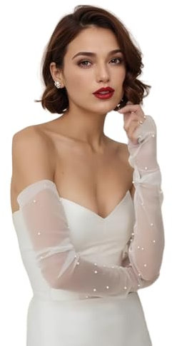 Eiaork Lange Hochzeits-Tüll-Handschuhe Weiß Perle für Damen und Mädchen, Ellenbogenlänge, Sommer, Fingerlos, Cremefarben mit Perlen, Einheitsgröße