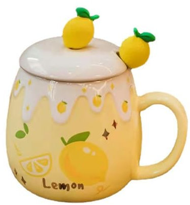 Jolie tasse en céramique avec couvercle - 450 ml - Pour couple, maison, bureau, petit déjeuner, café, lait, citron jaune (cuillère à fruits)