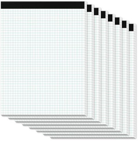 Zaviko Graph Paper Pads 8.5 x 11, 8 Pack, 4x4 Quad Grid Paper Pad 8-1/2 x 11, White Quadrille Pad, Easy Tears Off Design, Grid Notebook 8-1/2 x 11, White 70 GSM Graft Paper, 30 Sheets/Pad