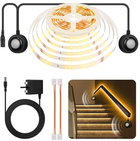 HOUHUI Dual Motion Sensor Light Indoor Under Bed Lights, 5m Motion Activated LED Strip Lights for Bedside, 12V Warm White Under Cabinet Lights Two Motion Sensors LED Strip for Stair Closet Hallway