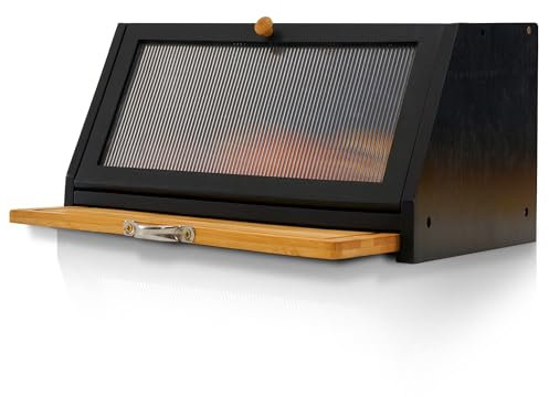YOUDENOVA Boîte à pain en bois avec planche à découper, Boîte de rangement en bambou pour pain, sel et poivre - 39 x 25 x 20 cm (L x l x H) - Noir