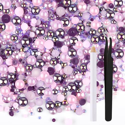 ASTARON 50 g Mix-Strasssteine mit flacher Rückseite, Halbperlen zum Basteln, gemischte Größe 3–10 mm, Strasssteine mit flacher Rückseite für Becher, Tassen, Nagelkunst, Schuhe (Lila-Rosa-Serie)