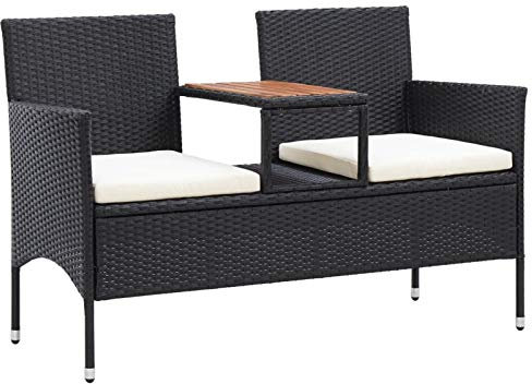 Tidyard 2-Sitzer-Gartenbank Holzbank Sitzbank Gartenbankpark für 2-3 Sitzer,Balkonbank Parkbank Flurbank Terrassenbank für Terrasse,Balkon,Garten mit Teetisch 143 cm Poly Rattan Schwarz