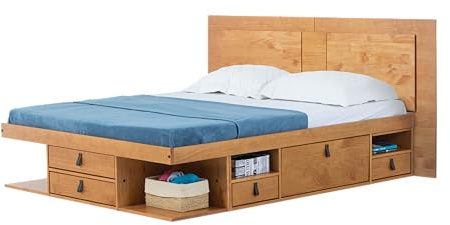 Memomad Bett Stauraum Bali 160x200, Platzsparend Kopfteil, Lattenrost: Oak | Wenig Platz? Holzbett mit Aufbewahrung und flaches Kopfteil aus Kiefer Massivholz, optimal f. kleine Schlafzimmer