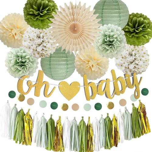 Babyparty Deko Junge, Salbeigrün Baby Shower Deko, Grüne Gold Babyparty Girlande, Salbeigrün Creme Gold Seidenpapier Pom Poms für Gender Reveal Party Dekoration