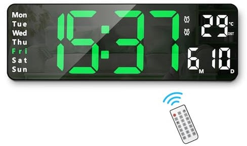 Lafocuse Reloj Digital Pared LED Grande 32cm, Silencioso Reloj Digital con Control Remoto, Temperatura, Fecha, 2 Alarmas, Brillo Ajustable, 12/24 Horas, para Salon Cocina Oficina,Verde
