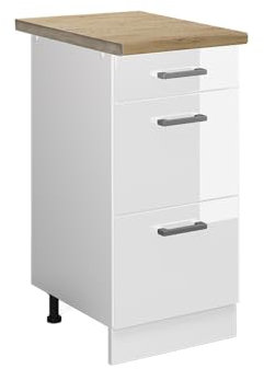 Vicco Küchenunterschrank R-Line, Weiß Hochglanz/Weiß, 40 cm mit Schubladen, AP Eiche