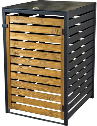 dobar® Green Label Mülltonnenverkleidung 1er 240 L aus Holz in Braun-Schwarz als Bausatz - Mülltonnenbox mit Deckel und Schwingtür zweifarbig - 77 x 87 x 121 cm