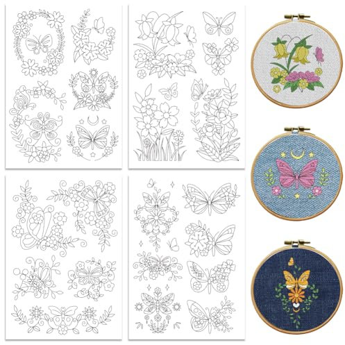 peacoblue Stickvorlagen Wasserlöslich für Anfänger 4 Sheet Schmetterling mit Blumen with 33pcs Muster, Wash Away Stick and Stitch Auflösbares Stickereipapier für Handnähbegeisterte Frauen Erwachsene