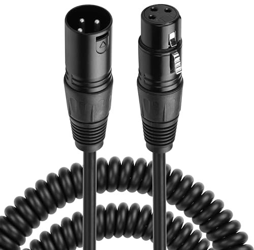 CERRXIAN XLR Microphone Coiled Cable, Right Angle Male XLR to Straight Female XLR Plug Cable, Balanced XLR Cable 8 Feet, Oxygen-Free Copper Mic Cables, XLR Speaker Cables - Black (I)