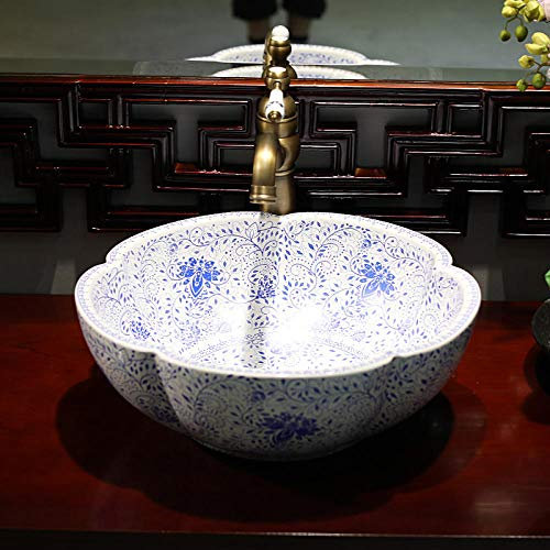 ROLTIN Aufsatzwaschbecken für Badezimmer, oval, Badezimmerschrank-Stil, blau-weißes Porzellanwaschbecken, nur Waschbecken