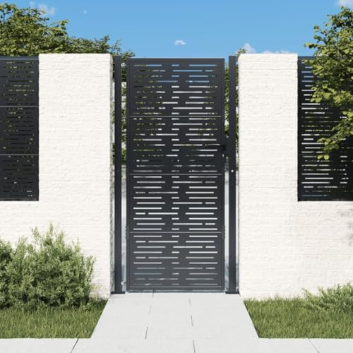 Sufrk Cancello Giardino Antracite 105x205 cm Acciaio Design Quadrato,Cancello da Giardino,Porta da Giardino,in Acciaio zincato con Serratura,Maniglia e Chiave,Robusto e Durevole